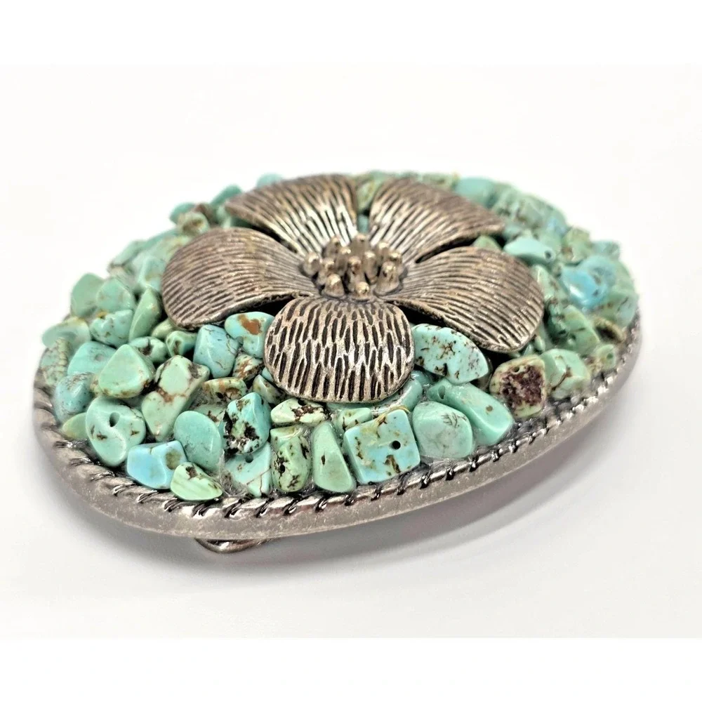 Vintage Ivan Faux Turquoise Chip Stone Floral Sunflower Western Belt‎ Buckle